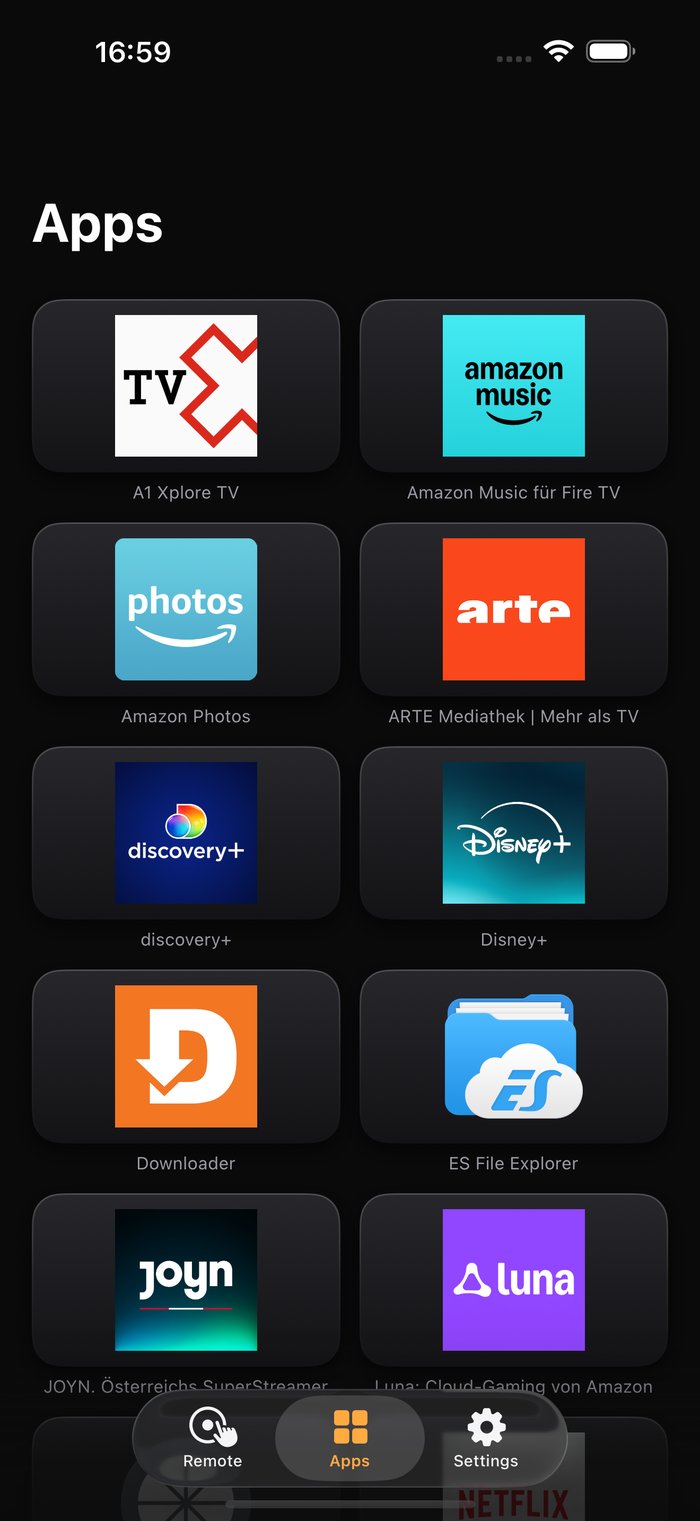 The apps screen showing the apps installed on the Fire TV as labelled tiles