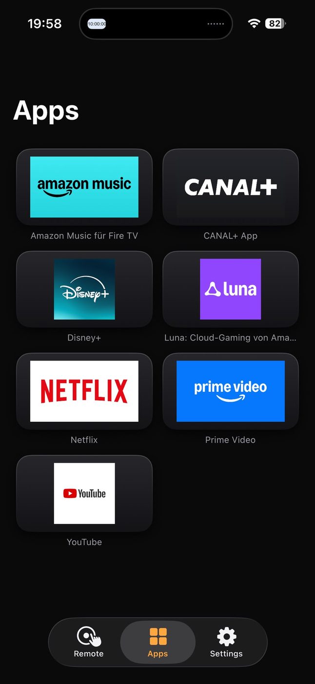 The apps screen showing the apps installed on the Fire TV as labelled tiles