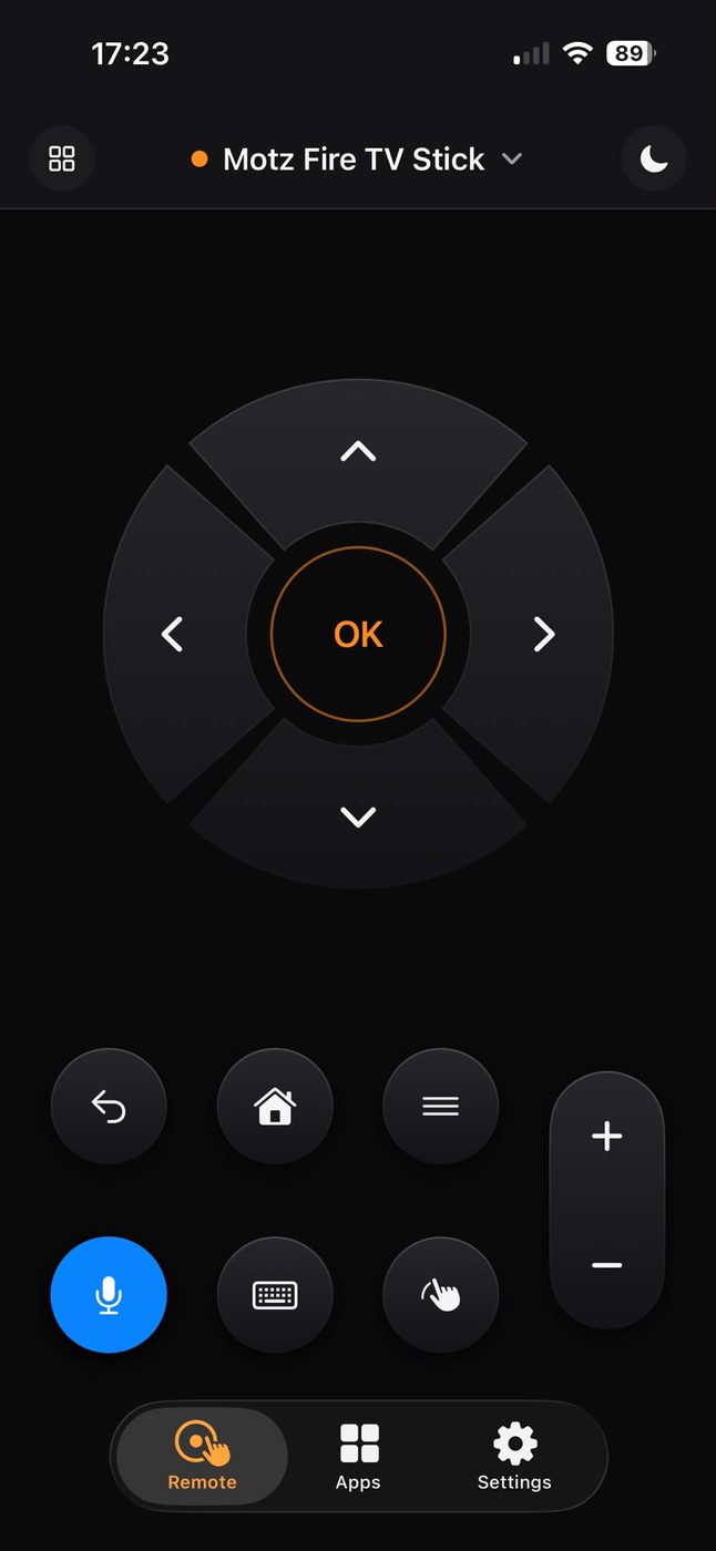 The remote screen with the ring-shaped D-pad, back, home and menu buttons and a volume rocker